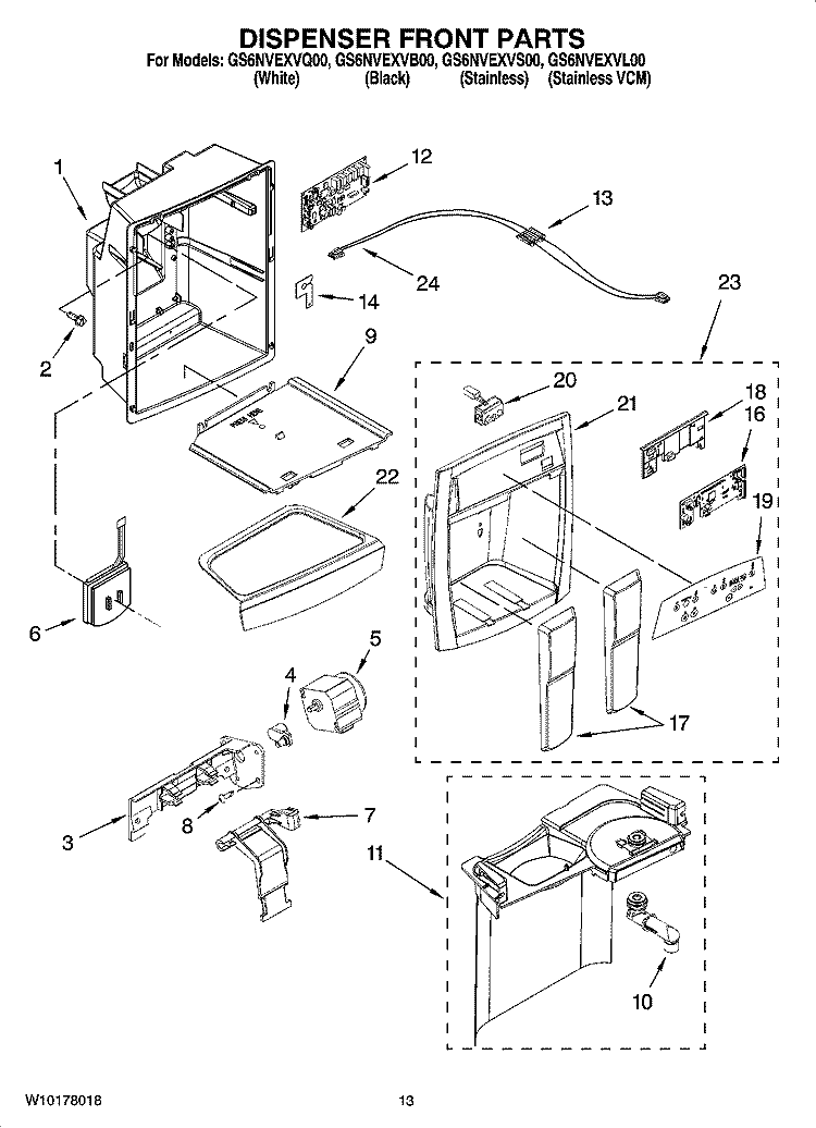 DISPENSER FRONT PARTS Diagram and Parts List for GS6NVEXVB00  Whirlpool Refrigerator