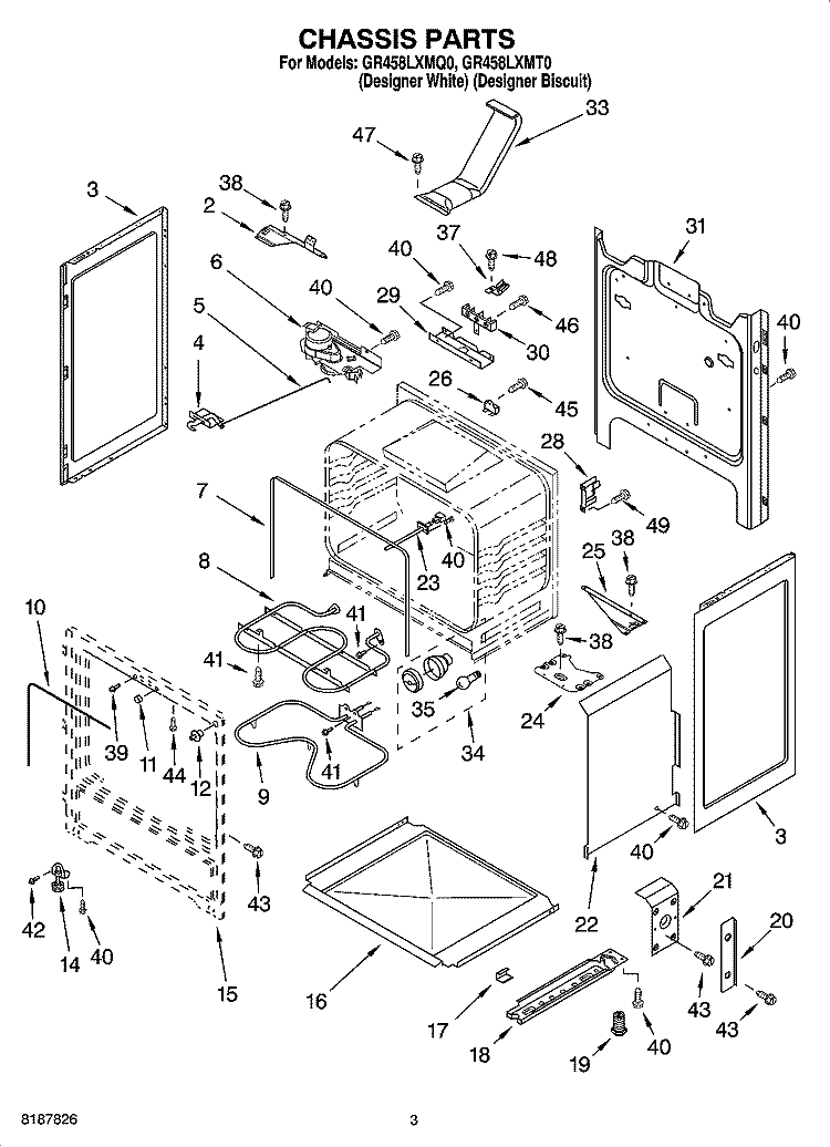 CHASSIS PARTS Diagram and Parts List for GR458LXMT0  Whirlpool Range