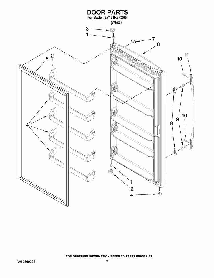 DOOR PARTS Diagram and Parts List for EV161NZRQ05  Whirlpool Freezer