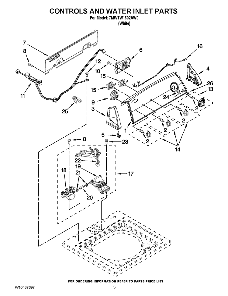 CONTROLS AND WATER INLET PARTS Diagram and Parts List for 7MWTW1602AW0  Whirlpool Washer