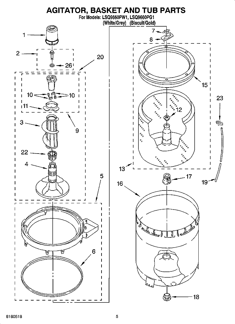 AGITATOR, BASKET AND TUB PARTS Diagram and Parts List for LSQ9660PG1  Whirlpool Washer