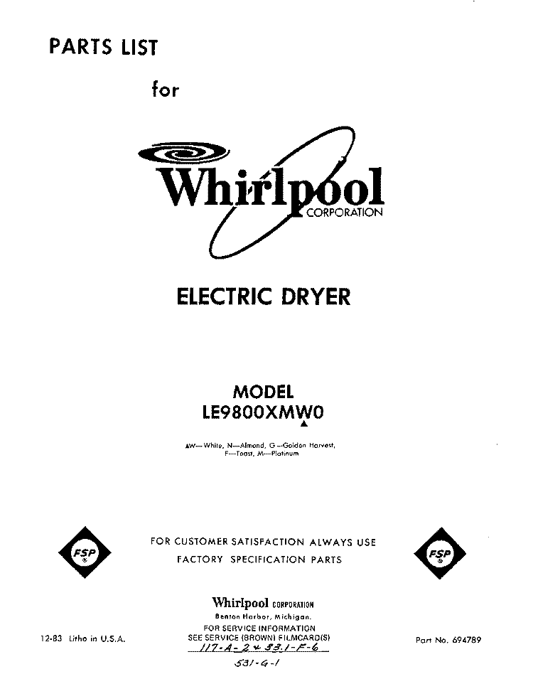 SECTION Diagram and Parts List for LE9800XMW0  Whirlpool Dryer