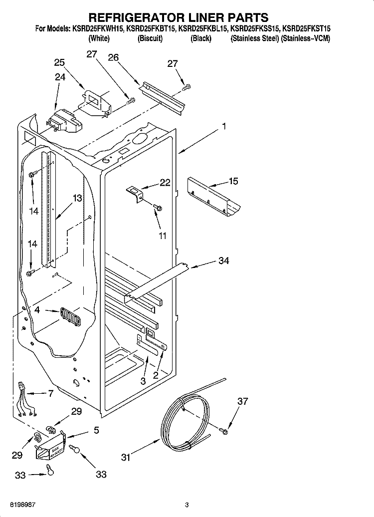 REFRIGERATOR LINER PARTS Diagram and Parts List for KSRD25FKSS15  KitchenAid Refrigerator