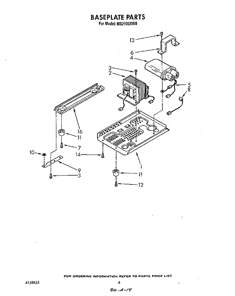 BASEPLATE Diagram and Parts List for MS2100XW0  Whirlpool Microwave