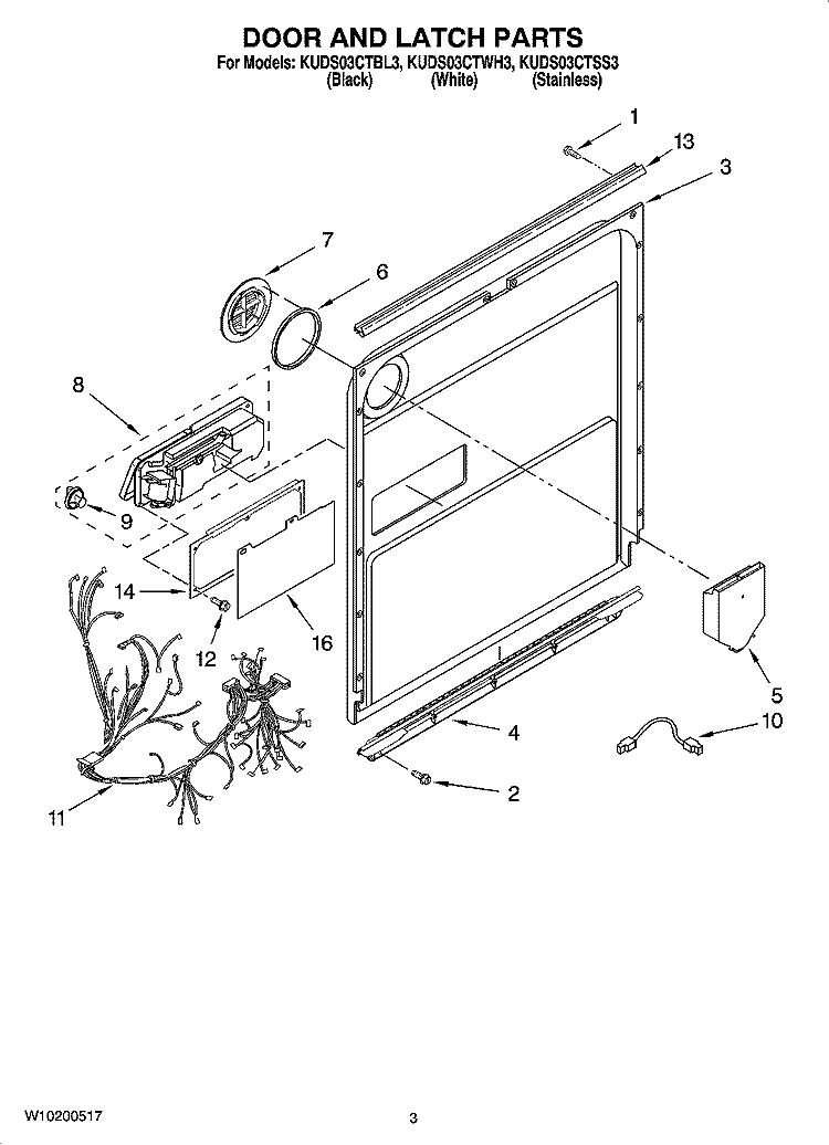 DOOR AND LATCH PARTS Diagram and Parts List for KUDS03CTSS3  KitchenAid Dishwasher