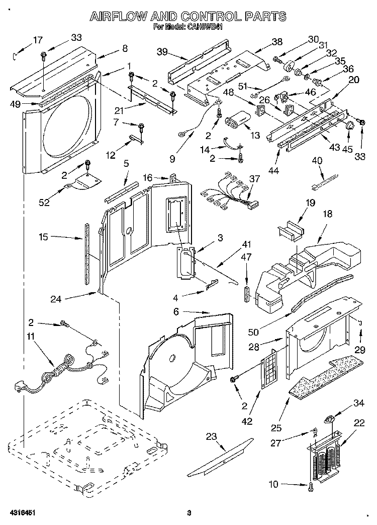 AIRFLOW AND CONTROL Diagram and Parts List for CAH8WB41  Crosley Air Conditioner