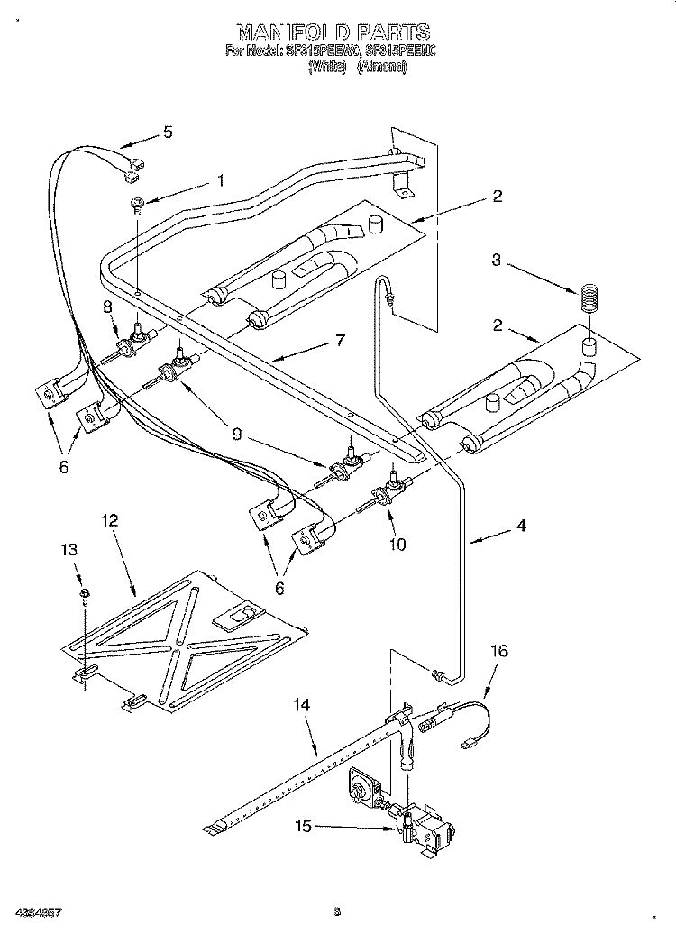 MANIFOLD Diagram and Parts List for SF315PEEN0  Whirlpool Range