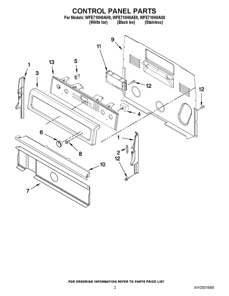 CONTROL PANEL PARTS Diagram and Parts List for WFE710H0AH0  Whirlpool Range