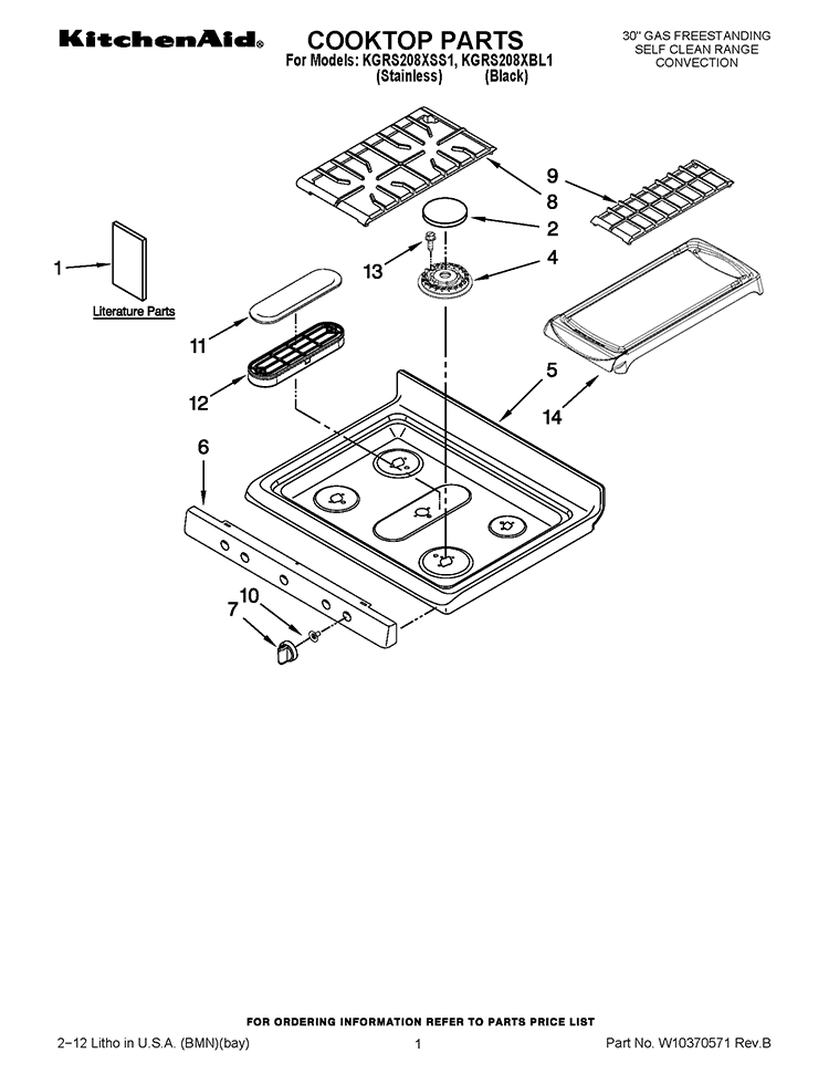 COOKTOP PARTS Diagram and Parts List for KGRS208XSS1  KitchenAid Range