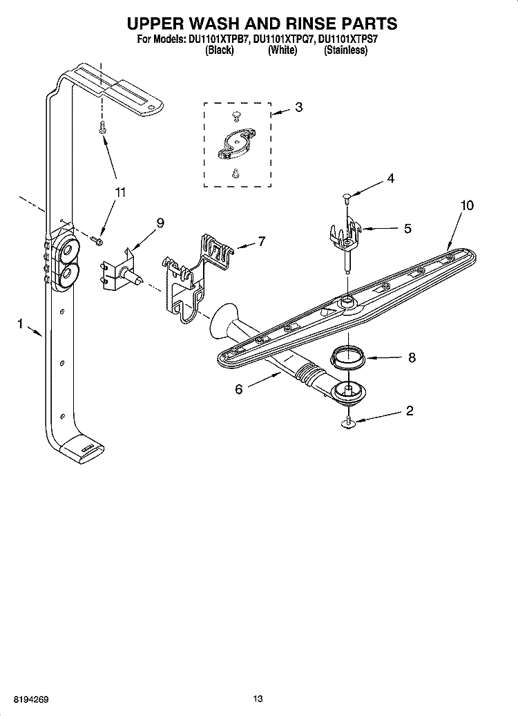 UPPER WASH AND RINSE PARTS Diagram and Parts List for DU1101XTPB7  Whirlpool Dishwasher