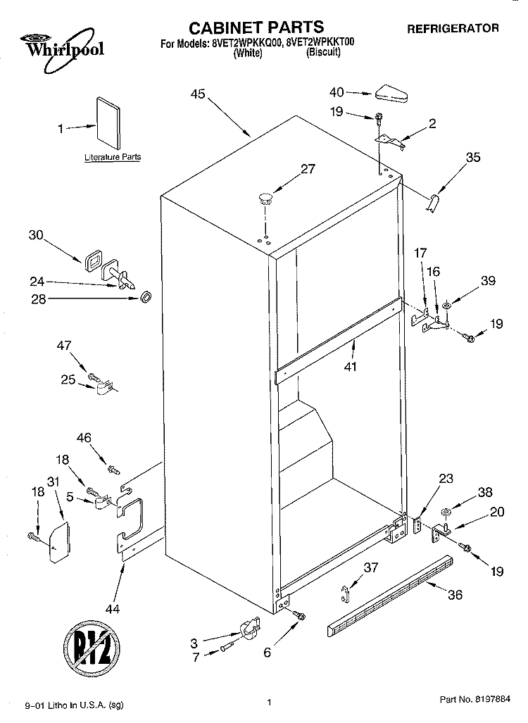 CABINET, LITERATURE Diagram and Parts List for 8VET2WPKKT00  Whirlpool Refrigerator