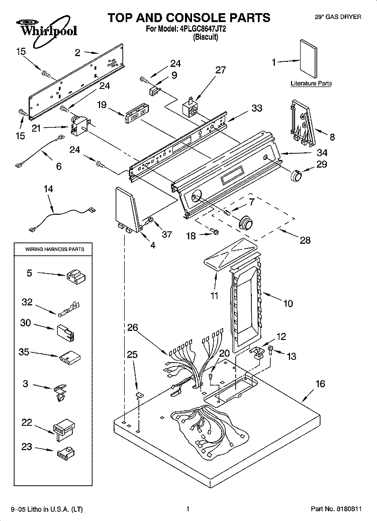 TOP AND CONSOLE PARTS Diagram and Parts List for 4PLGC8647JT2  Whirlpool Dryer