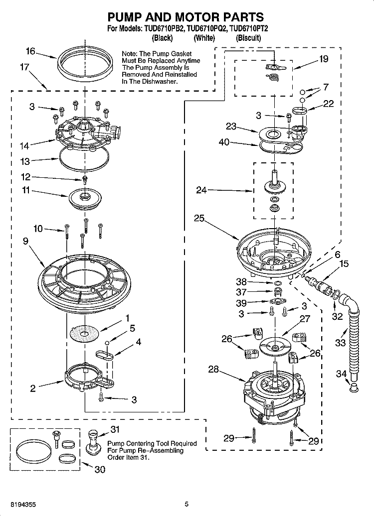 PUMP AND MOTOR PARTS Diagram and Parts List for TUD6710PQ2  Estate Dishwasher