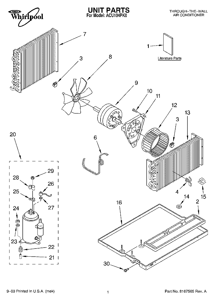 UNIT PARTS Diagram and Parts List for ACU104PK0  Whirlpool Air Conditioner