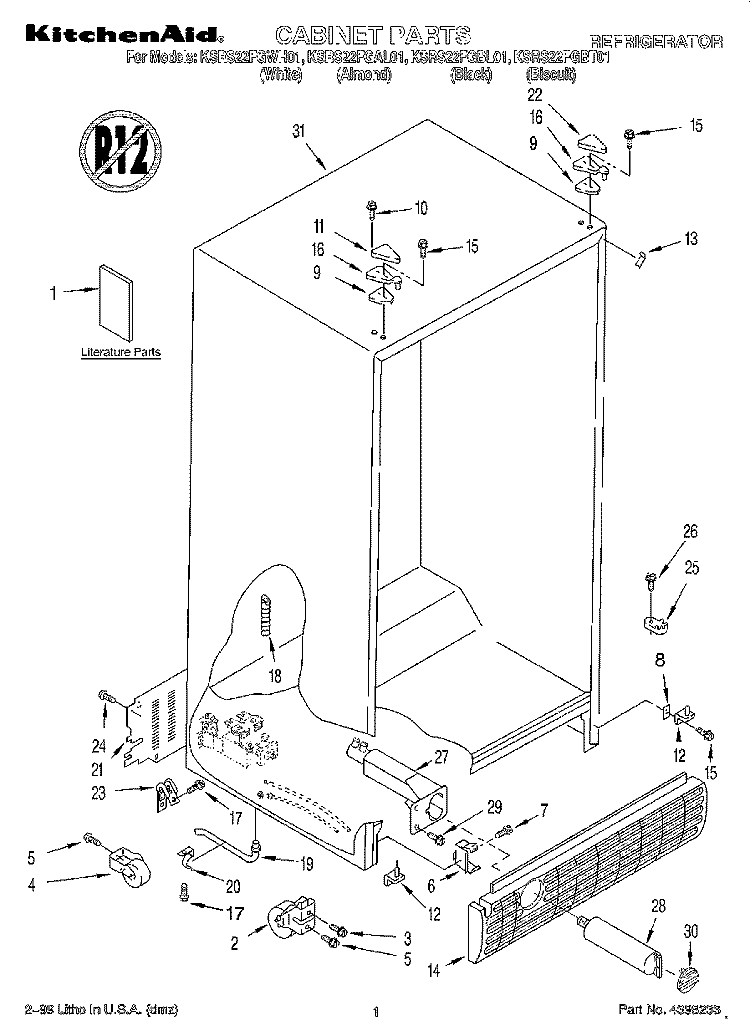 CABINET, LITERATURE Diagram and Parts List for KSRS22FGWH01  KitchenAid Refrigerator