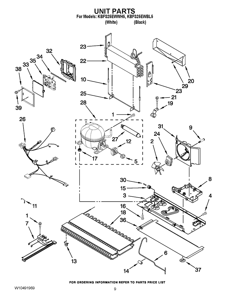UNIT PARTS Diagram and Parts List for KBFS25EWWH5  KitchenAid Refrigerator