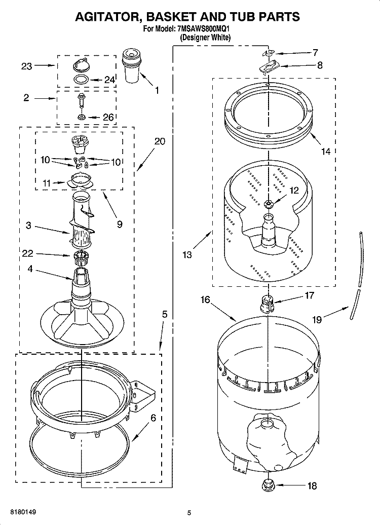 AGITATOR, BASKET AND TUB PARTS Diagram and Parts List for 7MSAWS800MQ1  Whirlpool Washer