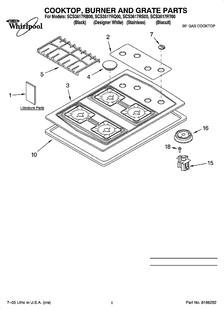 COOKTOP, BURNER AND GRATE PARTS Diagram and Parts List for SCS3617RB00  Whirlpool Cooktop