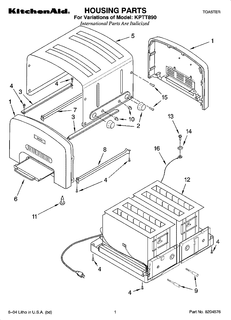 HOUSING PARTS Diagram and Parts List for KPTT890  KitchenAid Toaster