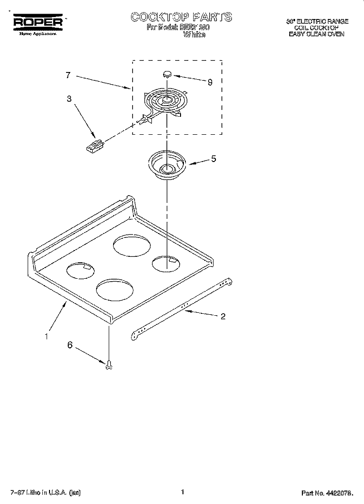 COOKTOP Diagram and Parts List for REE31300  Roper Range