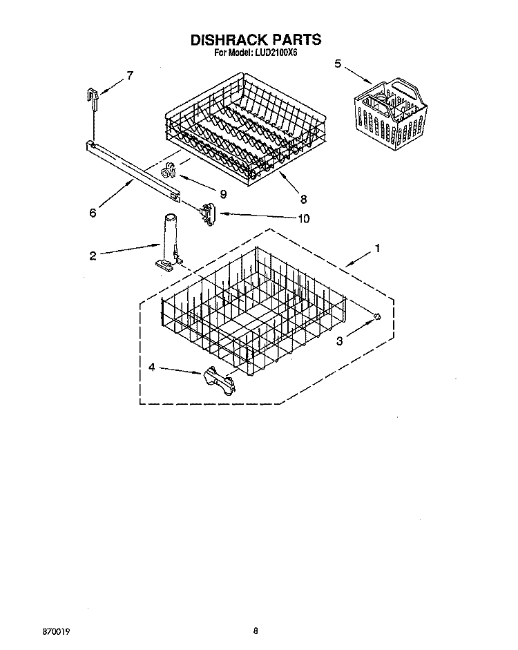 DISHRACK Diagram and Parts List for LUD2100X6  Whirlpool Dishwasher