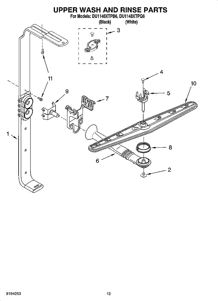 UPPER WASH AND RINSE PARTS Diagram and Parts List for DU1148XTPQ6  Whirlpool Dishwasher