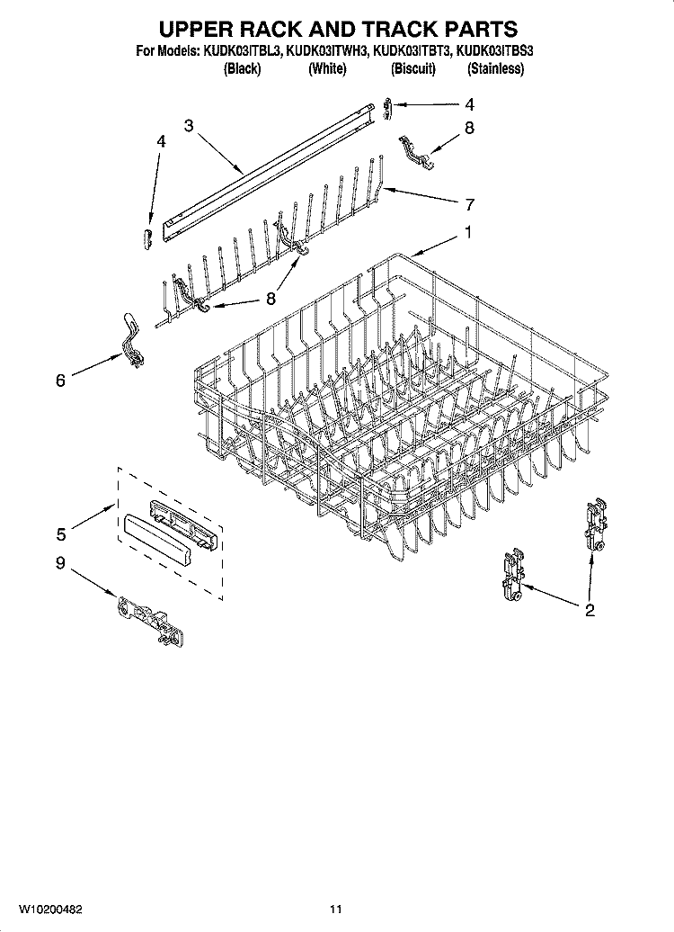 UPPER RACK AND TRACK PARTS Diagram and Parts List for KUDK03ITBT3  KitchenAid Dishwasher