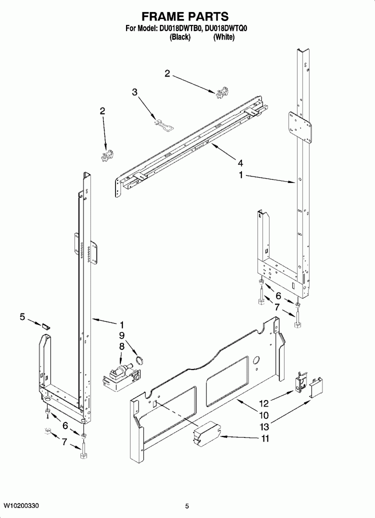 FRAME PARTS Diagram and Parts List for DU018DWTB0  Whirlpool Dishwasher