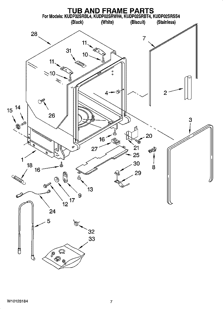 TUB AND FRAME PARTS Diagram and Parts List for KUDP02SRWH4  KitchenAid Dishwasher