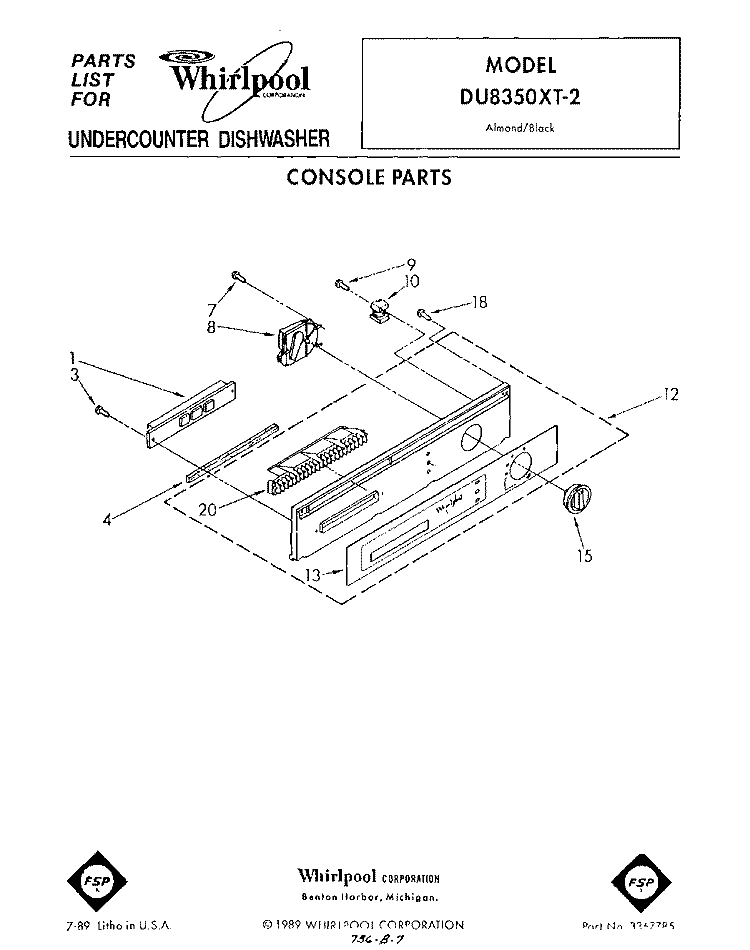 CONSOLE Diagram and Parts List for DU8350XT2  Whirlpool Dishwasher