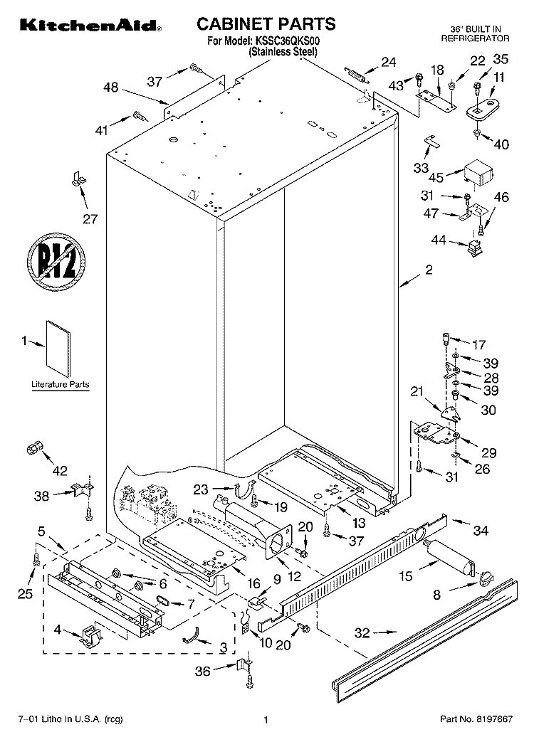 CABINET, LITERATURE Diagram and Parts List for KSSC36QKS00  KitchenAid Refrigerator