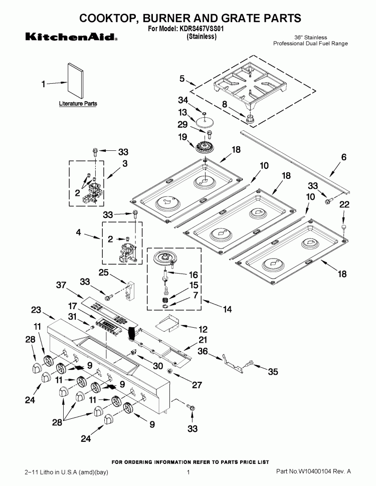 COOKTOP, BURNER AND GRATE PARTS Diagram and Parts List for KDRS467VSS01  KitchenAid Range