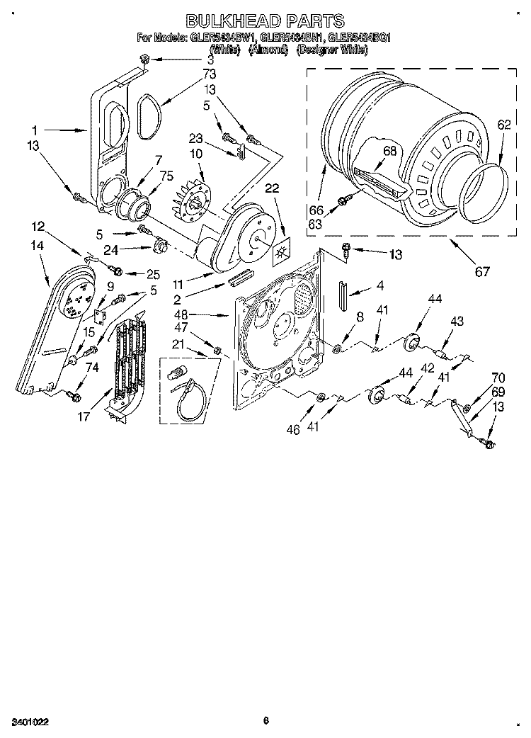 BULKHEAD Diagram and Parts List for GLER5434BN1  Whirlpool Dryer