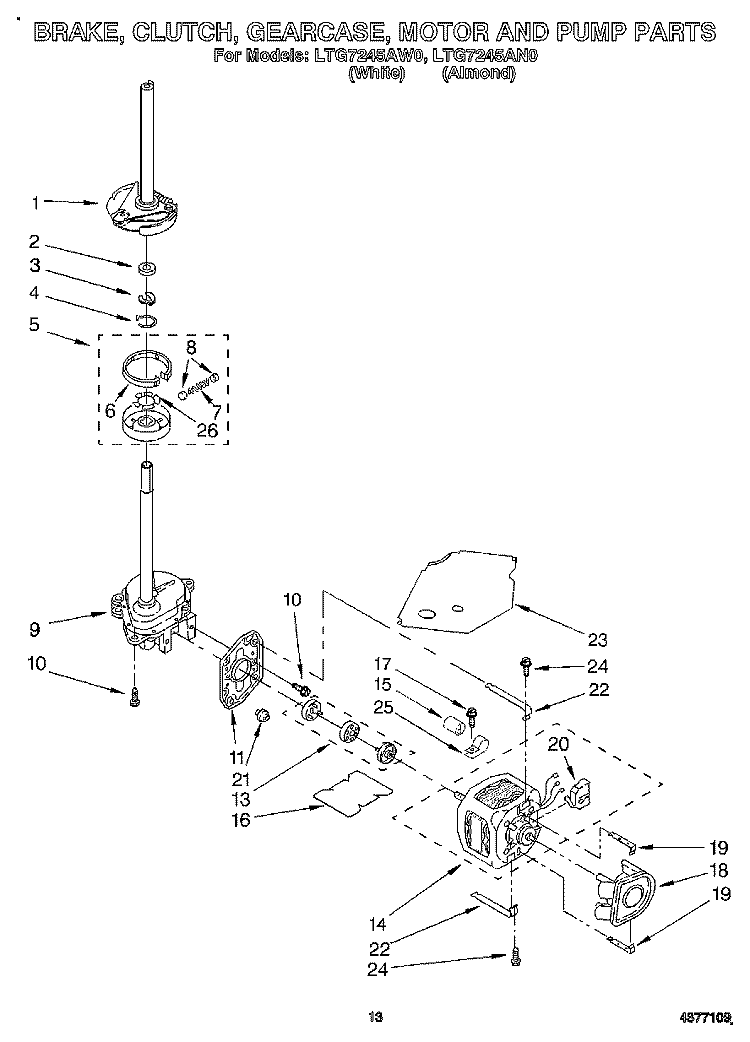 BRAKE, CLUTCH, GEARCASE, MOTOR AND PUMP Diagram and Parts List for LTG7245AN0  Whirlpool Washer Dryer Combo