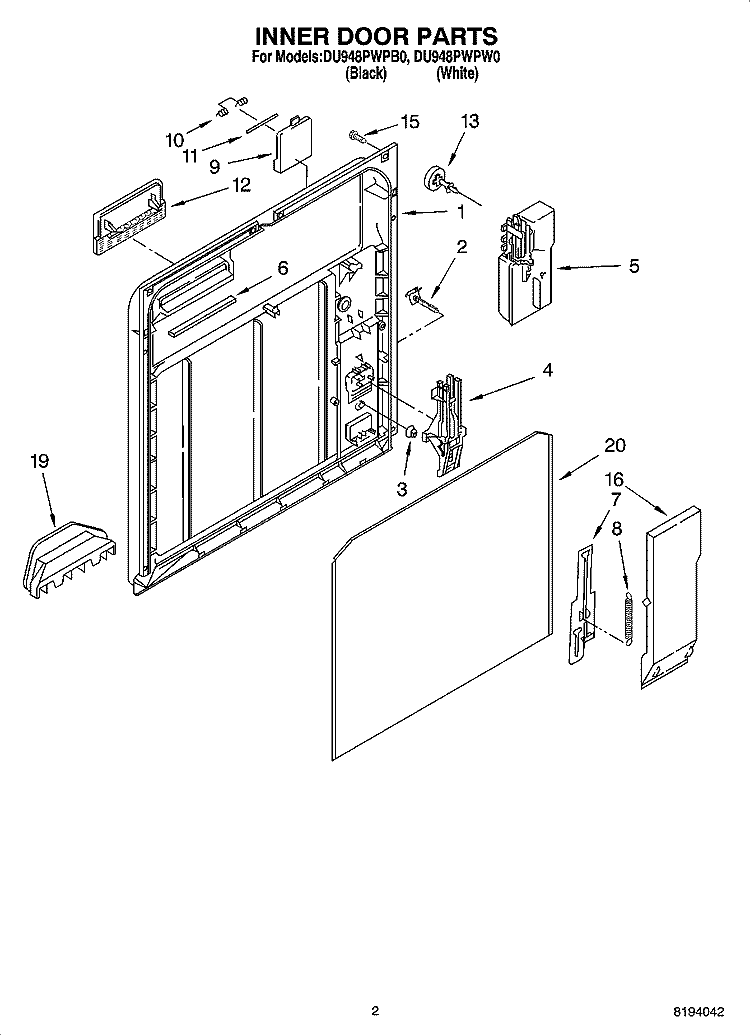 INNER DOOR PARTS Diagram and Parts List for DU948PWPB0  Whirlpool Dishwasher
