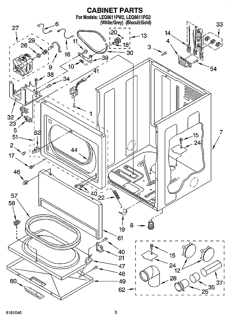 CABINET PARTS Diagram and Parts List for LEQ8611PG2  Whirlpool Dryer