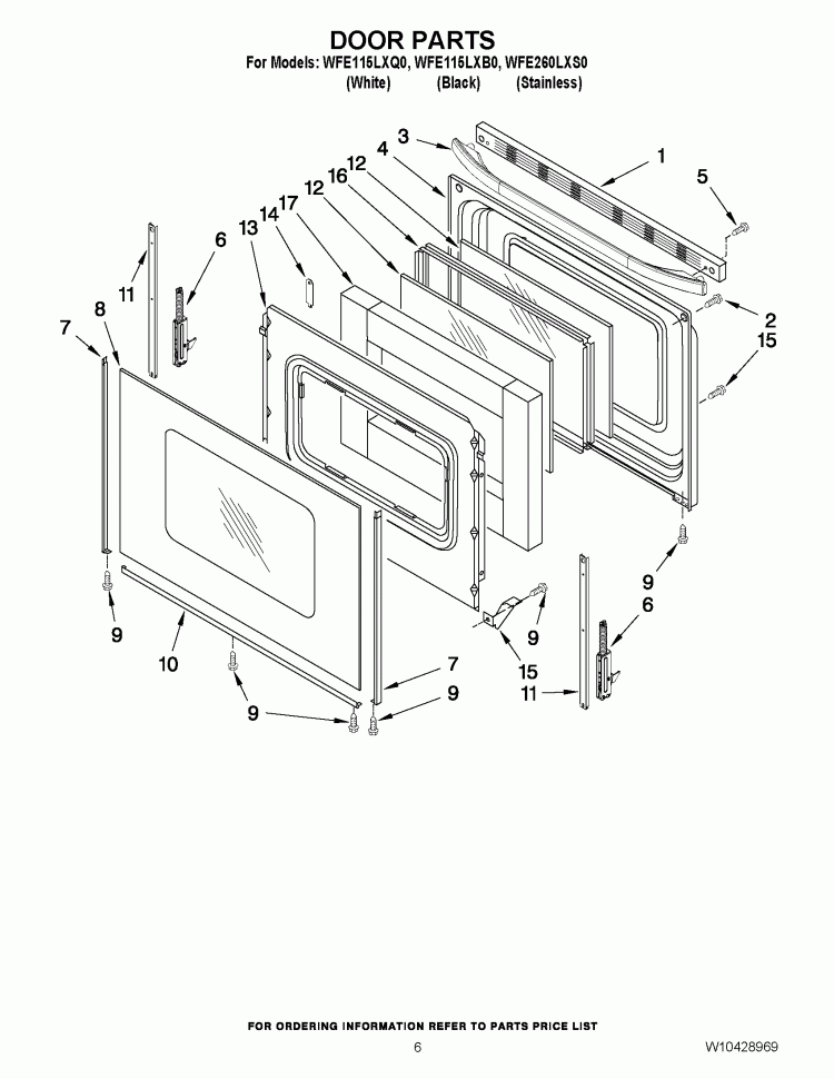 DOOR PARTS Diagram and Parts List for WFE115LXB0  Whirlpool Range