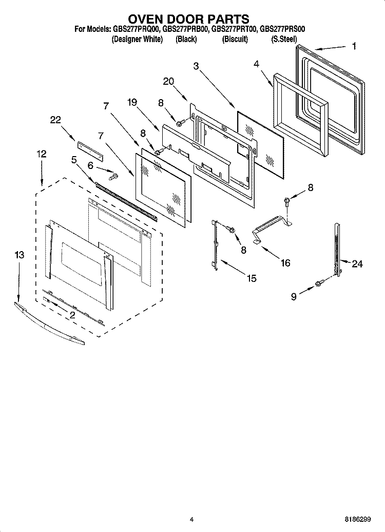 OVEN DOOR PARTS Diagram and Parts List for GBS277PRB00  Whirlpool Wall Oven