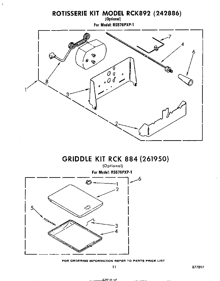 ROTISSERIE RCK892 , GRIDDLE RCK884 Diagram and Parts List for RS576PXP1  Whirlpool Range