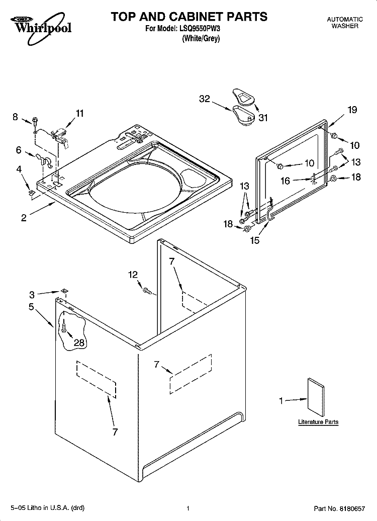 TOP AND CABINET PARTS Diagram and Parts List for LSQ9550PW3  Whirlpool Washer