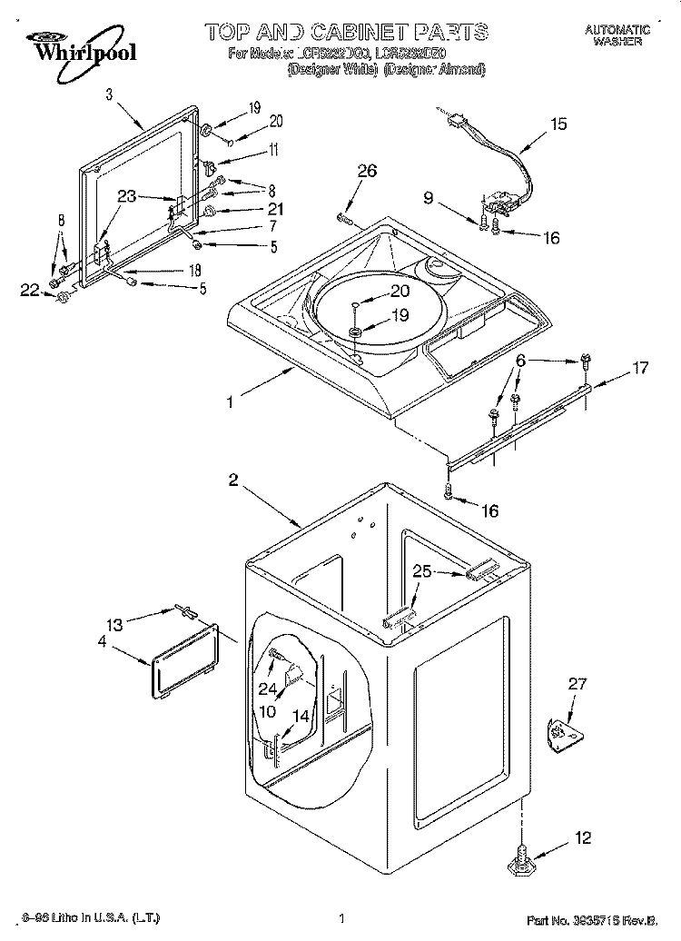 TOP AND CABINET Diagram and Parts List for LCR5232DQ0  Whirlpool Washer