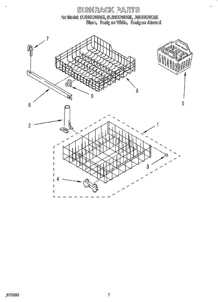 DISHRACK Diagram and Parts List for DU810CWDB5  Whirlpool Dishwasher