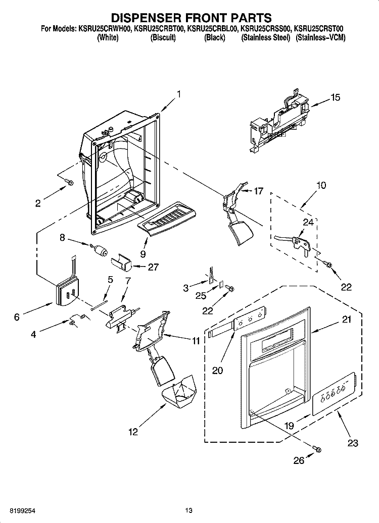 DISPENSER FRONT PARTS Diagram and Parts List for KSRU25CRBL00  KitchenAid Refrigerator
