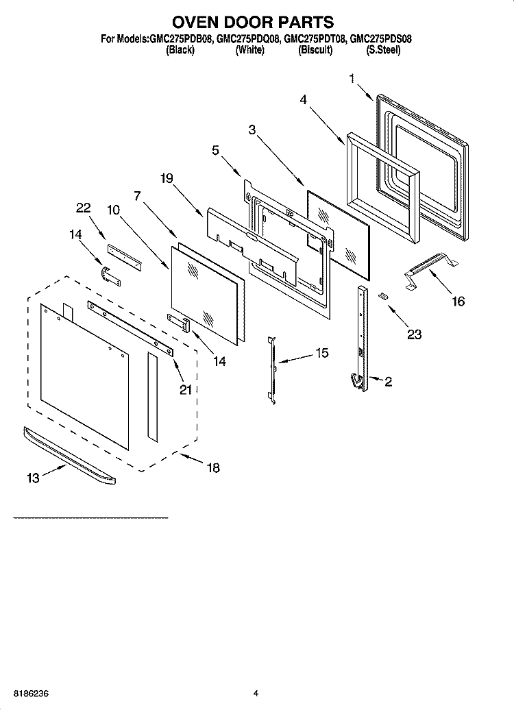 OVEN DOOR PARTS Diagram and Parts List for GMC275PDS08  Whirlpool Microwave Oven Combo
