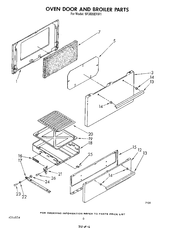 OVEN DOOR AND BROILER Diagram and Parts List for SF3020ERW1  Whirlpool Range