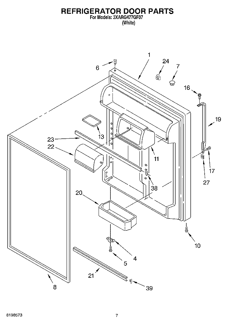 REFRIGERATOR DOOR PARTS Diagram and Parts List for 3XARG477GF07  Whirlpool Refrigerator