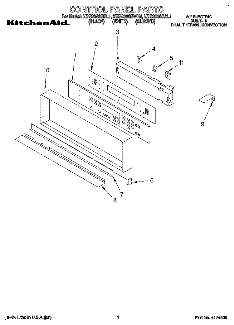 CONTROL PANEL, LITERATURE Diagram and Parts List for KEBS208BBL1  KitchenAid Wall Oven
