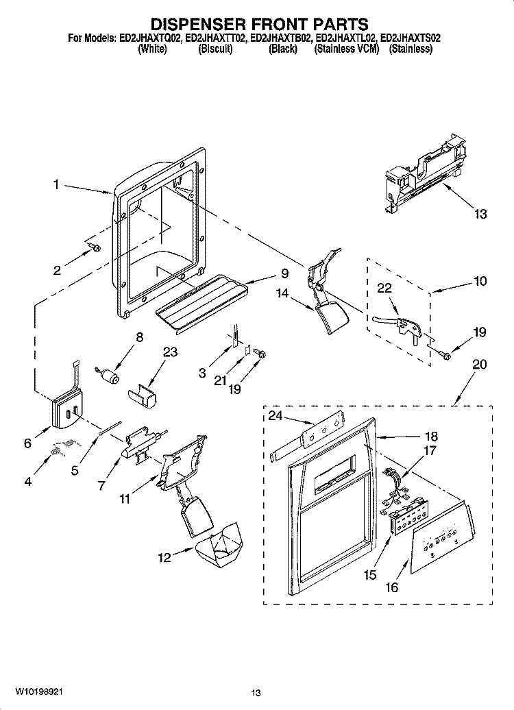 DISPENSER FRONT PARTS Diagram and Parts List for ED2JHAXTB02  Whirlpool Refrigerator