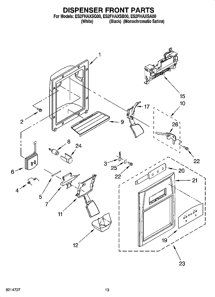 DISPENSER FRONT PARTS Diagram and Parts List for ES2FHAXSQ00  Whirlpool Refrigerator