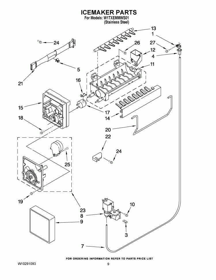 ICEMAKER Diagram and Parts List for W1TXEMMWS01  Whirlpool Refrigerator